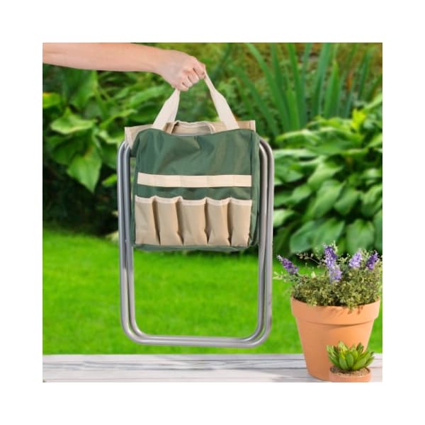 Garden Tool Set, Folding Stool With 250lb Capacity, Detachable 7 Pocket Bag And 5 Gardening Tools